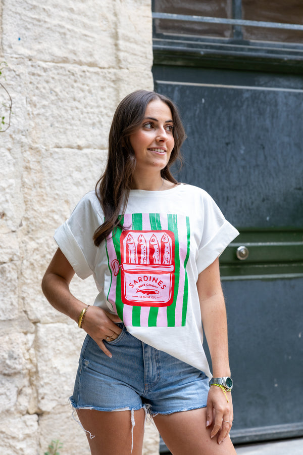 T shirt SARDINES vert et rose